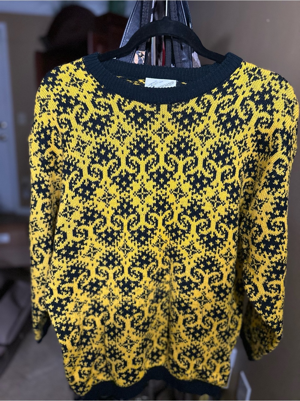 Vintage Yellow and Black Patterned Women's Sweater